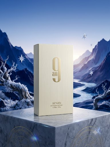 Afnan 9 AM presentation box against a snowy mountain landscape