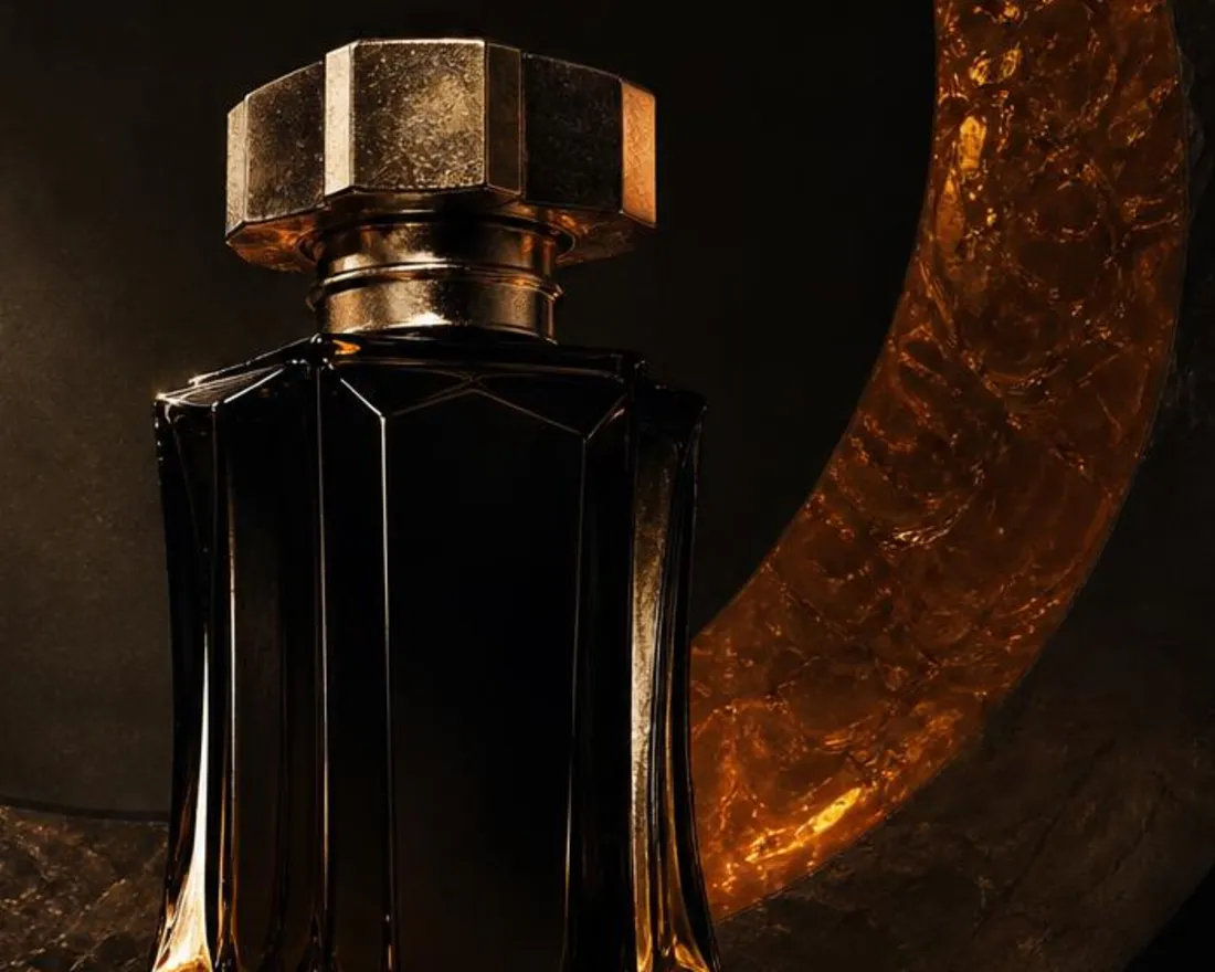 Cropped study of a fragrance bottle edge, warm reflection across dark stone