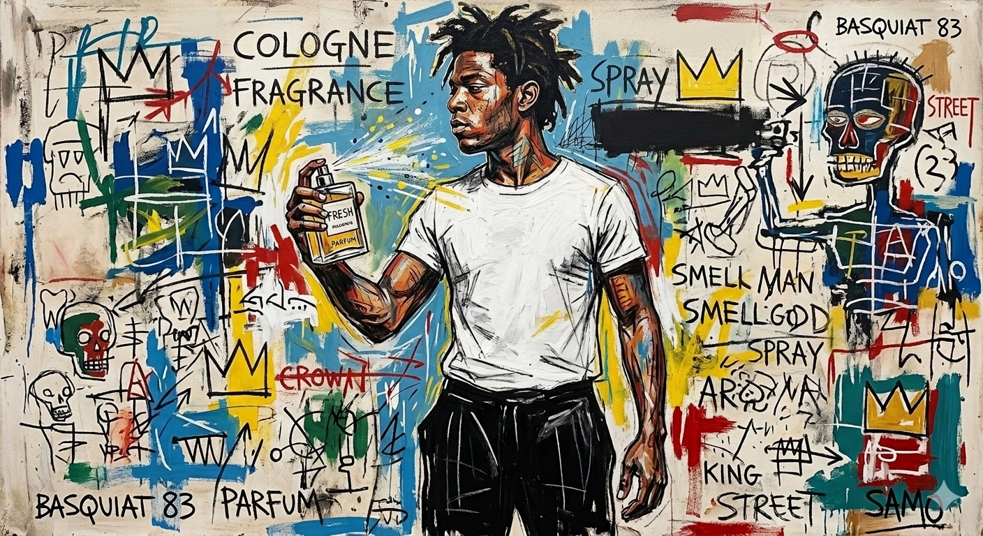 Painted portrait of a man beside a fragrance bottle, rendered in expressive brushwork
